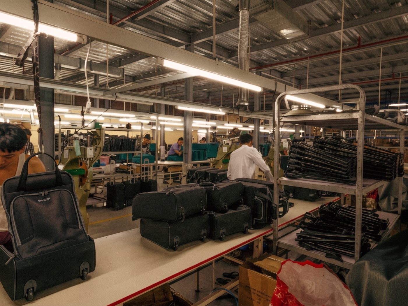 Assembling and riveting luggage on the kinship mfg factory floor