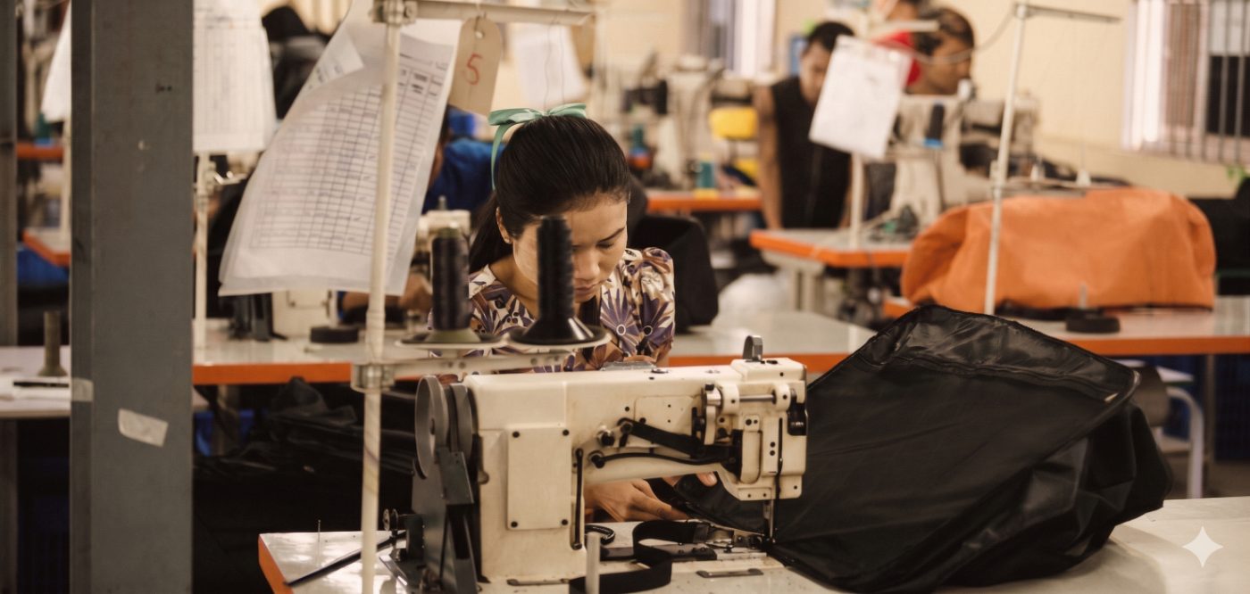 A maker at a programmable sewing machine on the kinship mfg factory floor